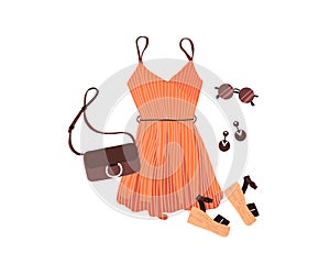 Set of outfit creator with summer fashion womens clothing dress shoes
