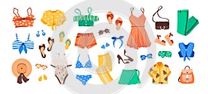 Set of outfit creator with summer fashion womens clothing, shoes, accessories