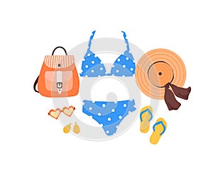 Set of outfit creator with summer fashion womens clothing swimsuit flip flop shoes