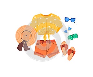 Set of outfit creator with summer fashion womens clothing t-shirt shorts