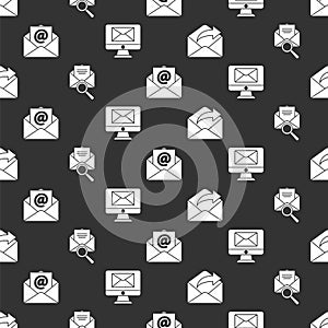 Set Outgoing mail, Envelope with magnifying glass, Mail and e-mail and Monitor and envelope on seamless pattern. Vector.