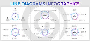 Set of outline abstract elements for infographic. Template for cycle diagram with 3, 4, 5, 6, 7 and 8 options, parts