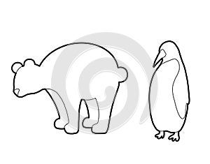 Set of outline Antarctic animals silhouettes. Polar bear and penguin isolated from the background. Vector contour object