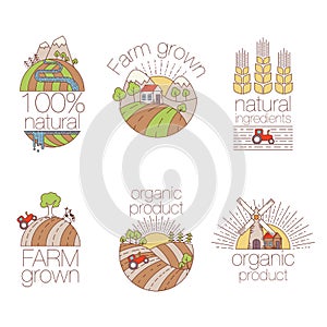 Set of outline art elements for labels and badges for organic food and drink. Set of farm logo labels.