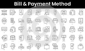 Set of outline bill and payment method icons. Minimalist thin linear web icon set. vector illustration