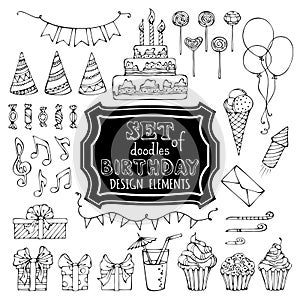 Set of outline birthday design elements.