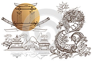 A set of outline black and white illustrations with sketches of tattoos on the theme of the Japanese fanart