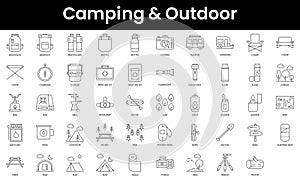 Set of outline camping and outdoor icons. Minimalist thin linear web icon set. vector illustration
