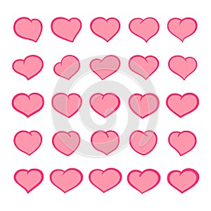Set of outline cartoon hearts with comic style strokes. Group of isolated hand-drawn cute heart icons. Vector