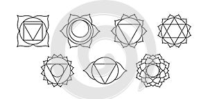 Set of outline Chakra meaning seven meditation wheel used in variety ancient spiritual practices. Seven chakras line art