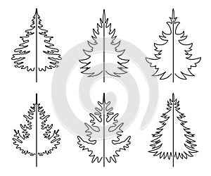 A set of outline Christmas Trees. Winter season design elements and simply pictogram collection. Isolated vector xmas Icons,