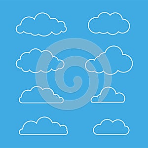 Set of outline clouds isolated on blue background.