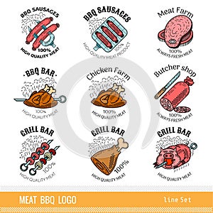 Set of outline color line logo. Labels for Meat farm, grill and BBQ bar, butcher shop isolated