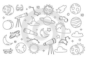 Set of outline cute solar eclipse in flat cartoon style