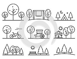 Set of outline design vector icons. parkland concept symbol