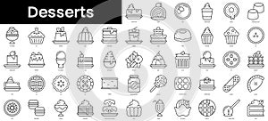 Set of outline desserts icons. Minimalist thin linear web icons bundle. vector illustration