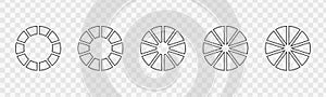 Set of outline donut charts or pies divided on 10 equal parts. Infographic wheels separated on ten segments. Circle