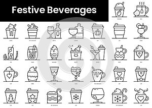 Set of outline festive beverages icons. Minimalist thin linear web icons bundle. vector illustration