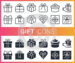Set of outline and flat gift icons.
