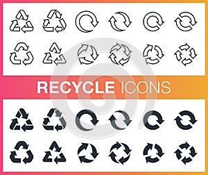 Set of outline and flat recycle icons.