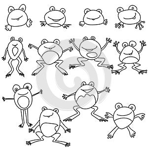 Set of outline frogs in doodle style, cute characters for design or creation of coloring pages