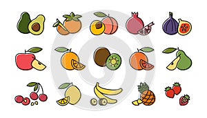 Set outline fruit icons. Vector illustrations fruits and berries in color line art. Color vegetarian vegan food icons