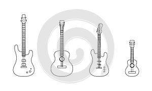 Set of outline guitars. Acoustic, electric, bass guitar and ukulele