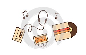 Set of outline icons with vintage records, musical devices and equipments for playing music from cassettes and vinyl