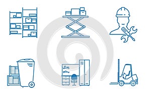 Set of outline illustrations of racks, lifting racks, plastic containers, warehouse truck