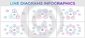 Set of outline infographic circles elements. Vector diagrams with 3, 4, 5, 6, 7 and 8 options, steps or processes