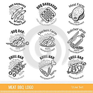 Set of outline line logo. Labels for Meat farm, grill and BBQ bar, butcher shop isolated