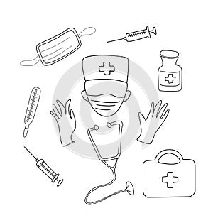 Set of outline medical icons of tools and medicines - first aid kit, syringe, stethoscope, thermometer, medical mask, seals,