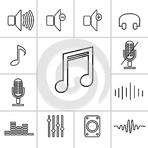 Set of outline music icons. Linear vector illustration