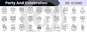 Set of outline party and celebration icons. Minimalist thin linear web icon set. vector illustration