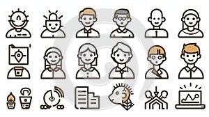 A set of outline people icons with a variety of features including facial expressions, hairstyles, and clothing