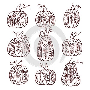 Set of outline pumpkins with floral decorative elements.