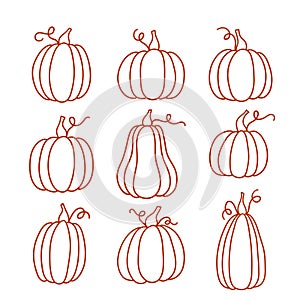 Set of outline pumpkins in various shapes.