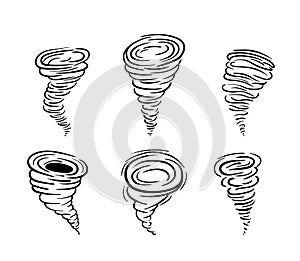 Set of outline silhouette toronado. Collection of destructive natural vortex. Stylized line hurricane. Vector