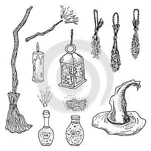 Set of outline vector Halloween elements. Hand drawn black contour broom, witch hat, magic wand, potion, herbs for