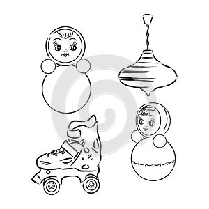 Set of outlined baby`s toys elements.Vector illustration. children`s toy vector sketch illustration