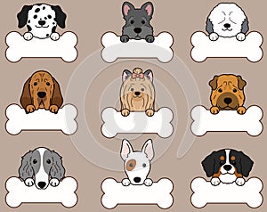 Set of outlined cute and simple dog heads with front paws holding a bone