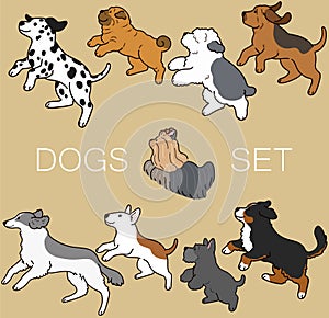 Set of outlined cute and simple dogs jumping