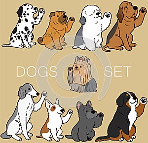 Set of outlined cute and simple dogs sitting and waving