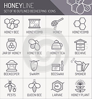 Set of outlined honey and beekeeping icons photo