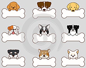 Set of outlined various cute dog faces with paws holding a bone