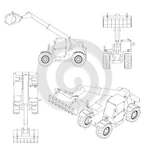 Set with outlines of a backhoe loader from black lines isolated on a white background. Top, side, front, isometric view