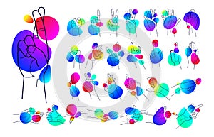 Set of outlines of human hands, movements and signs with fingers, on a background of gradient shapes isolated vector illustration