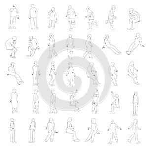 Set with outlines of people in different positions. The outlines of people sit, stand, go. Vector illustration