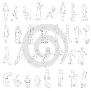 Set with outlines of people in different positions. The outlines of people sit, stand, go. Vector illustration