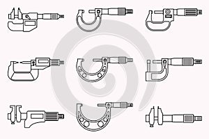 Set of outside and inside micrometer icons. Vector thin line